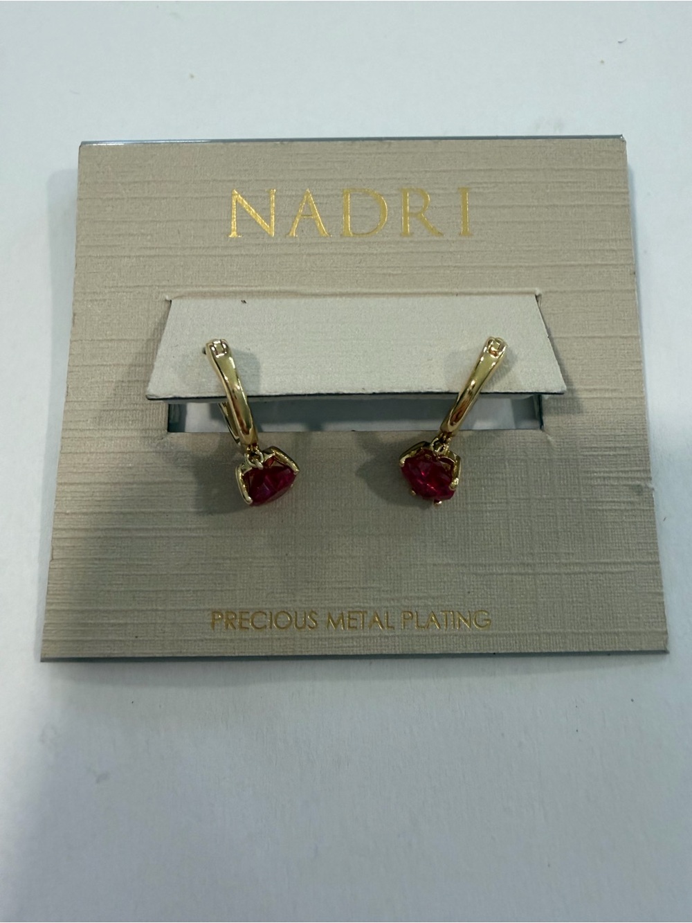 Nadri Gold Hoop Earrings with Red Heart Stones